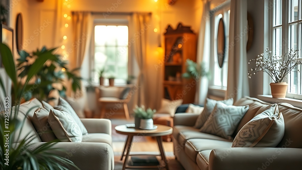 Fototapeta premium Cozy living space with warm lighting and comfortable seating, evoking a relaxed and inviting atmosphere.