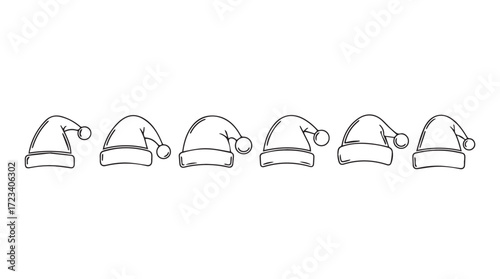Hand drawn sketch style row of christmas santa claus hats festive holiday celebration elements silhouette