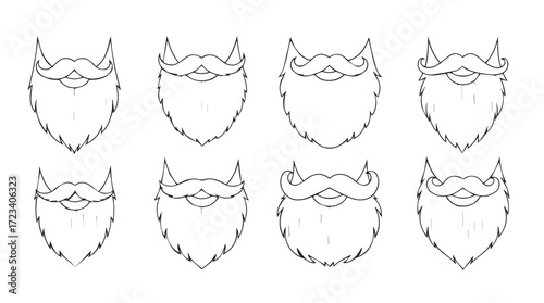 Collection of eight diverse hand drawn beard styles for facial hair grooming and fashion silhouette