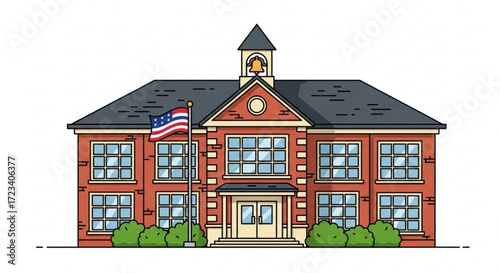 Illustration of a school building with an american flag waving in front, the building is made of brick and has a bell tower