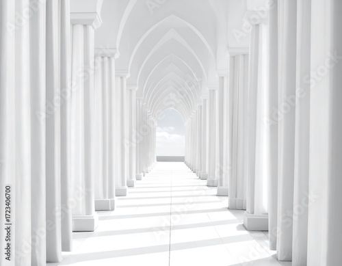White arched colonnade leading to sky