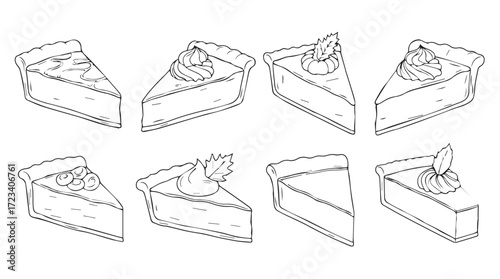 Collection of hand drawn creamy cheesecake slices with berries and mint leaves silhouette