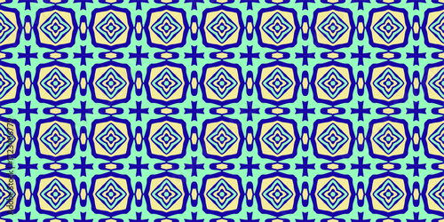 A retro geometric pattern featuring a seamless arrangement of repeating diamond and cross motifs in a striking blue and light blue color palette.
