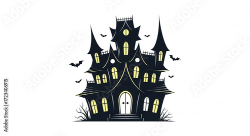 Spooky haunted house with bats, a chilling halloween scene with eerie windows and a dark, mysterious silhouette at night