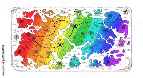 A colorful treasure map, with a dotted line showing the path to the treasure, and a compass rose in the corner