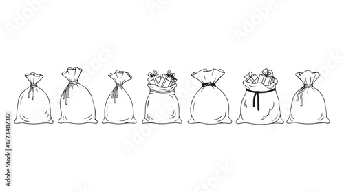 Collection of six textured fabric pouches tied shut with drawstrings isolated on white silhouette
