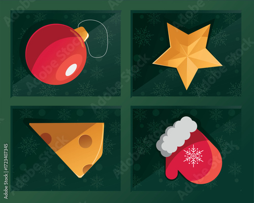 A whimsical vector Christmas poster dedicated to the Year of the Rat. The festive box contains all the necessary holiday attributes: a Christmas tree ornament, a mitten, a star, and a piece of cheese
