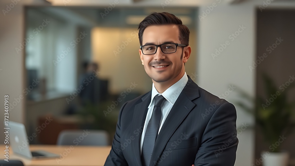 Fototapeta premium A confident business professional in a suit against a neutral office backdrop with soft lighting.