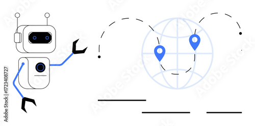 Robot with antenna and mechanical arms points at a globe marked by location pins and curved dotted paths. Ideal for automation, logistics, robotics, AI, navigation, travel, connectivity. Simple flat