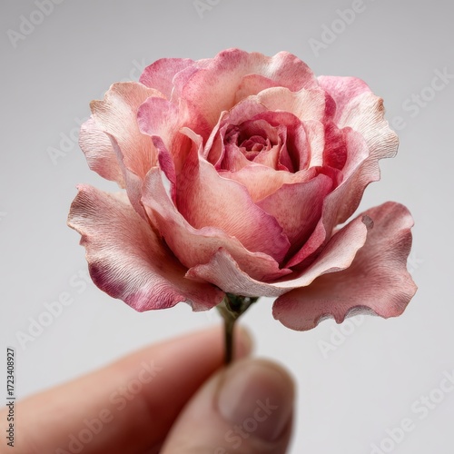 A delicate pink rose held gently in a hand, showcasing its intricate petals and natural beauty.