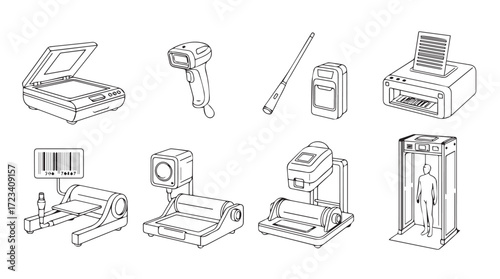 Collection of electronic device components and tools in detailed line art style silhouette