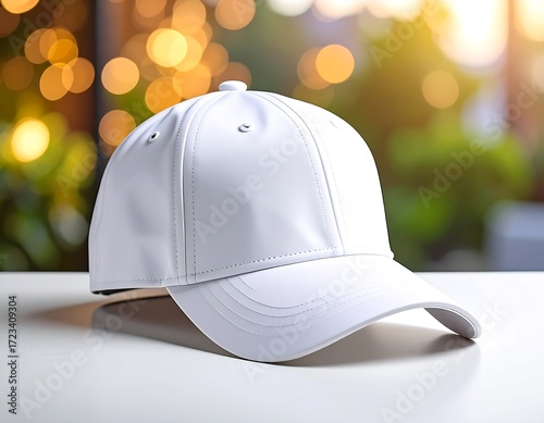 White baseball cap on a table, blurred background