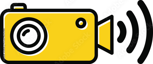 Yellow video camera icon with wireless signal waves