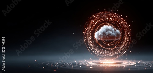 A futuristic cloud concept surrounded by glowing particles, representing digital innovation and data connectivity.