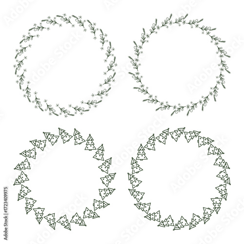 A set of wreaths and Christmas decorations. Christmas wreath, fir branches, plants, and Christmas trees. Illustration isolated on a white background.