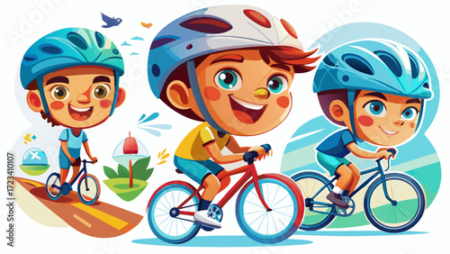 Portraits of little boy, child, training, cycling isolated over white studio background. Collage. Helmet on, bright bike, active movement, great for outdoor sports illustrations or energetic kids’ 