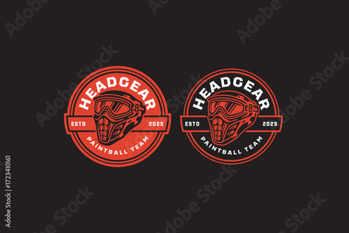 Paintball mask retro badge logo design set for sport club and tournament. Tactical helmet vintage emblem logo graphic collection. Protective headgear, Face protector, Safety visor. Vector illustration