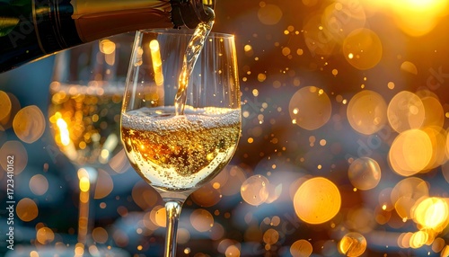 Champagne Tussle Sparkling Celebration Pour into Crystal Glasses with Golden Bokeh Lights