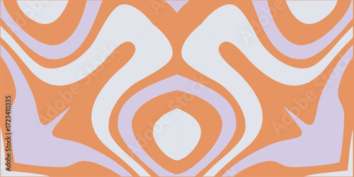 A groovy and psychedelic pattern with flowing organic shapes in warm tones of orange lilac and cream.
