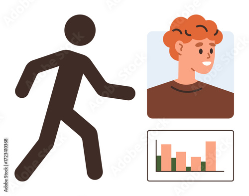 Silhouette of walking person, smiling profile portrait, and bar graph analysis. Ideal for data progression, human behavior, growth, monitoring, achievement, personal development step tracking