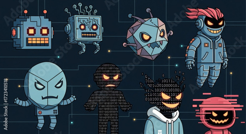Collection of cartoonish robot and monster characters on a dark circuit board background