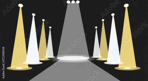 Illustration of a stage with spotlights shining down, creating a dramatic and focused lighting effect scene
