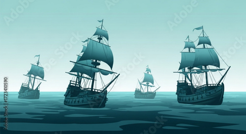 Four sailing ships on the water under a light blue sky, with sails and masts visible in the distance