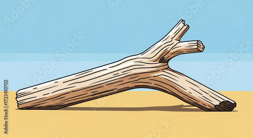 Cartoon illustration of a weathered driftwood branch lying on a sandy surface under a clear blue sky