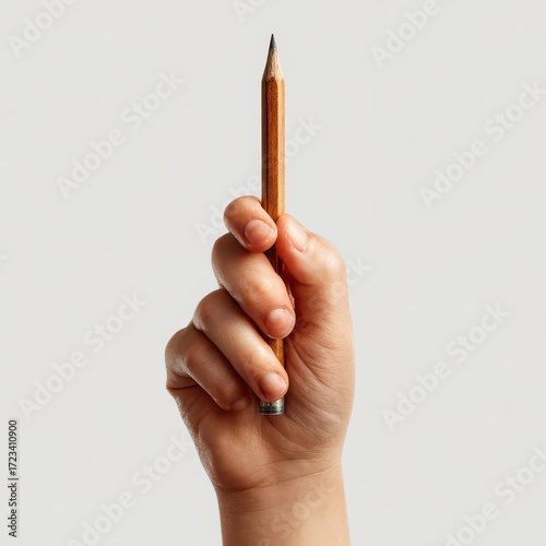 A hand holding a pencil against a neutral background, symbolizing creativity and the act of writing or drawing.
