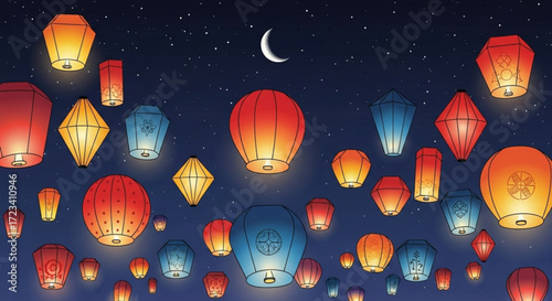 Sky lanterns floating in the night sky with a crescent moon and twinkling stars creating a festive scene