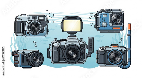 Illustration featuring an array of underwater cameras with various housings and accessories shown together