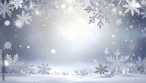 Elegant silver background with sparkling snowflakes, central clean area