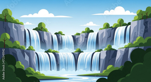 Illustration of a cascading waterfall surrounded by rocky cliffs and lush green trees under a blue sky