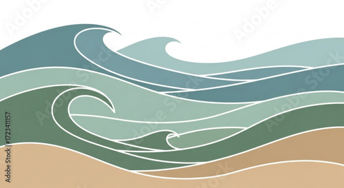 Stylized ocean waves with white outlines and a sandy beach at the bottom of the illustration