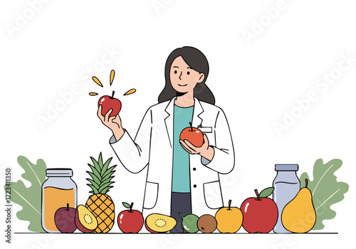 A female scientist holds apples, surrounded by fresh fruits and vegetables. She wears a lab coat, conveying health and wellness. Bright, cheerful illustration.