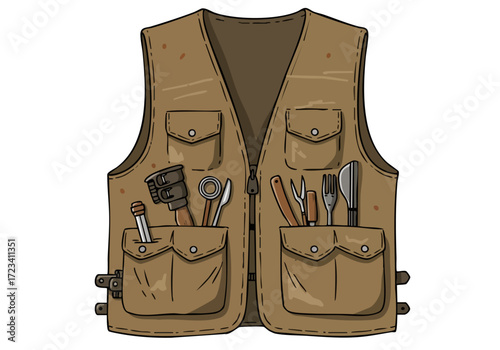 A rugged brown vest, filled with tools, showcases a practical and stylish design. Ideal for illustrations and commercial projects.