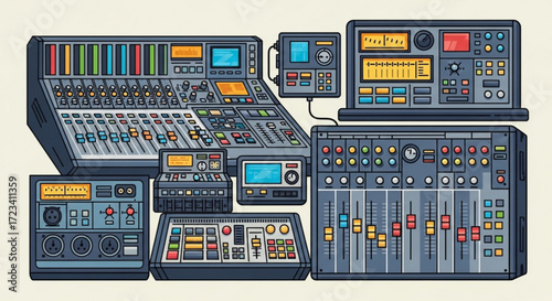 Illustration of a collection of audio mixing consoles and studio equipment on a light background