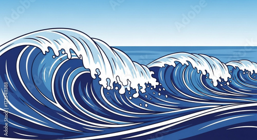 Illustration of ocean waves with white foam crests under a clear sky creating a dynamic seascape view