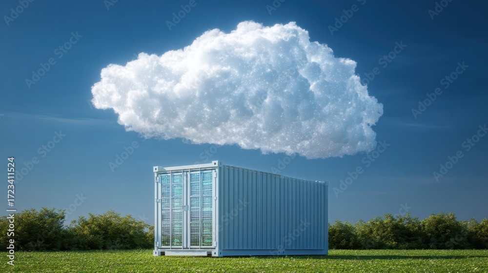 Fototapeta premium Container in Green Field Under Cloudy Sky with Blue Background