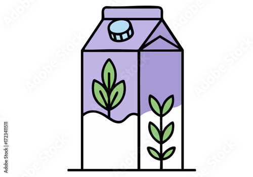 A simple, modern illustration of a milk carton with plant leaves. Clean lines and a soft purple background create a visually appealing design suitable for various commercial applications.