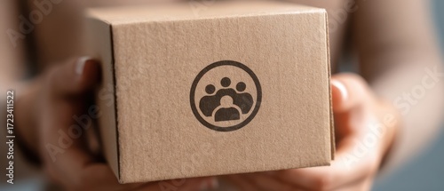 A person holds a cardboard box featuring a social connection icon, symbolizing e-commerce and community engagement.