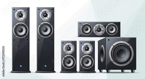 Illustration of a home theater speaker system including tower speakers center channel and subwoofer units