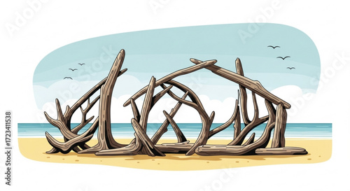 Illustration of a driftwood shelter on a sandy beach with the ocean and sky in the background scene view