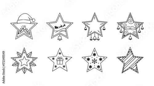 Collection of hand drawn sketchy star icons with festive decorations and patterns silhouette
