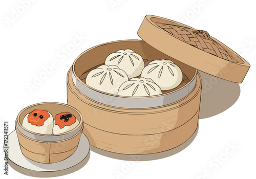 Steaming bao buns in a traditional bamboo steamer basket, presented with a smaller bowl of dipping sauce. Warm, inviting, and perfect for Asian cuisine visuals.