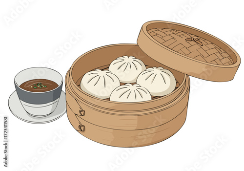 Steaming dumplings are presented in a bamboo steamer with tea and dipping sauce. A warm, inviting scene perfect for food photography and culinary themes.