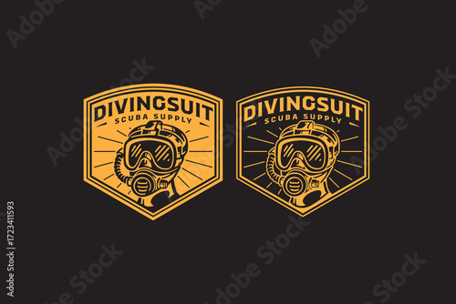 Scuba mask retro badge logo design set for diving sport club and tournament. Underwater helmet vintage emblem logo graphic pack. Diving suit, Snorkel gear, Breathing apparatus. Vector illustration