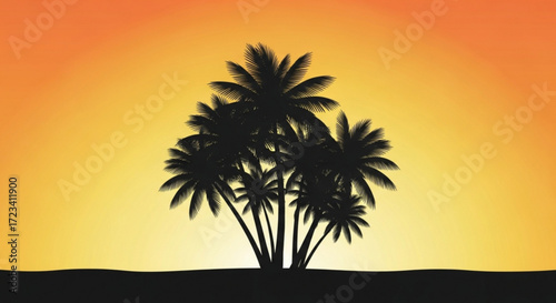 Silhouette of palm trees against an orange and yellow gradient sunset backdrop with dark ground line