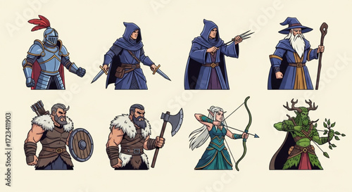 Illustration of fantasy characters including a knight, rogues, barbarians, wizard, elf archer and forest spirit