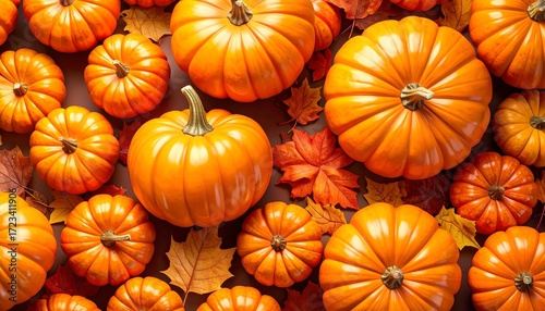 Autumn display of vibrant orange pumpkins among colorful fallen leaves in a seasonal arrangement